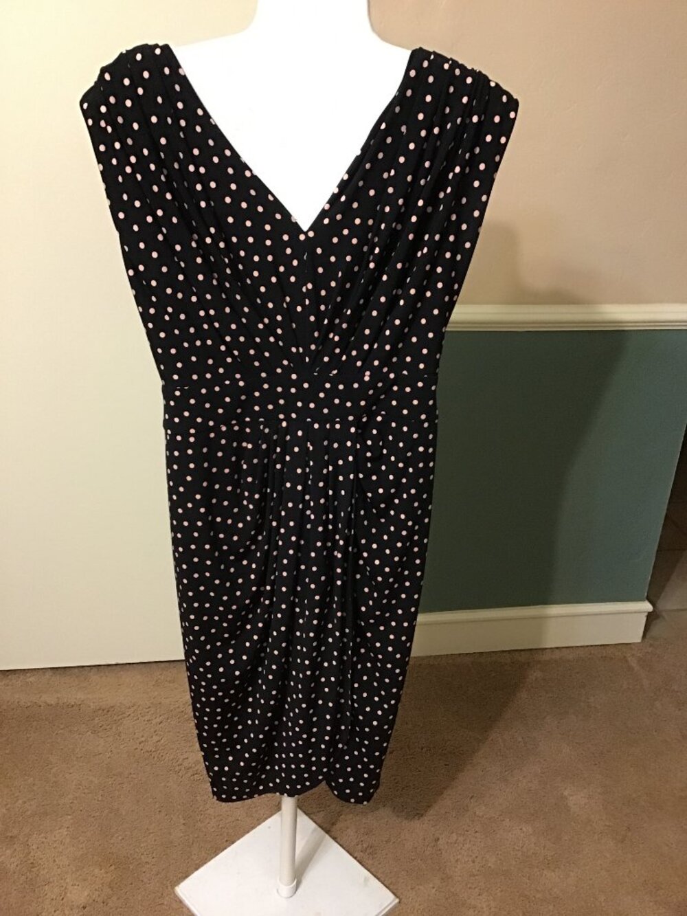 Maggy Boutique Pale Pink Polka Dot on Black Sleeveless Ruched Knee-Length Dress
